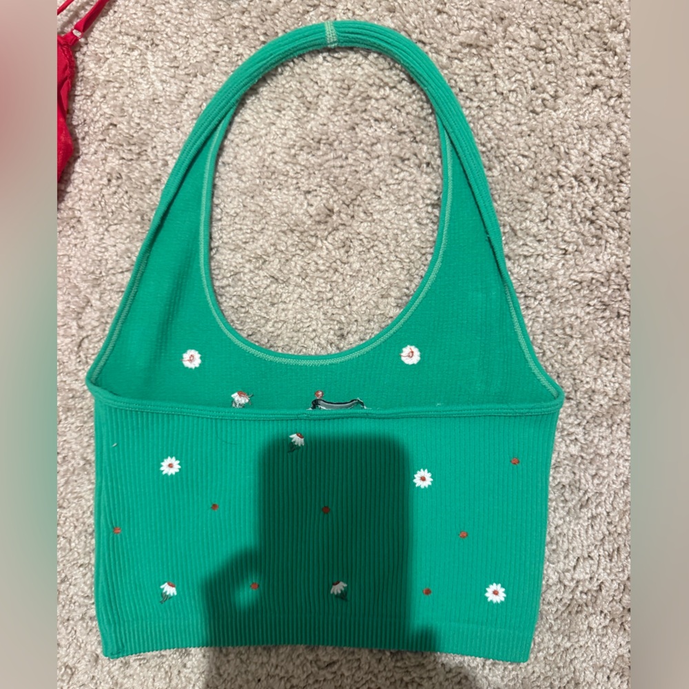 Zara Green Ribbed Daisy-Embroidered Tank Top